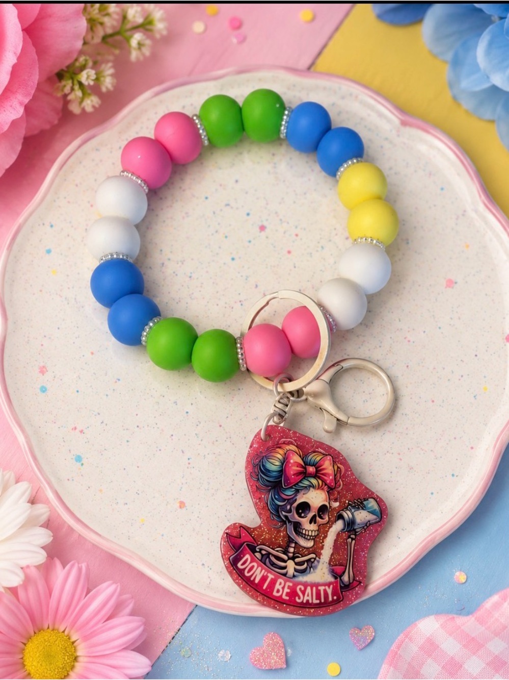 Handcrafted Colorful Beaded Wristlet Keychain with 'Don't Be Salty' Charm